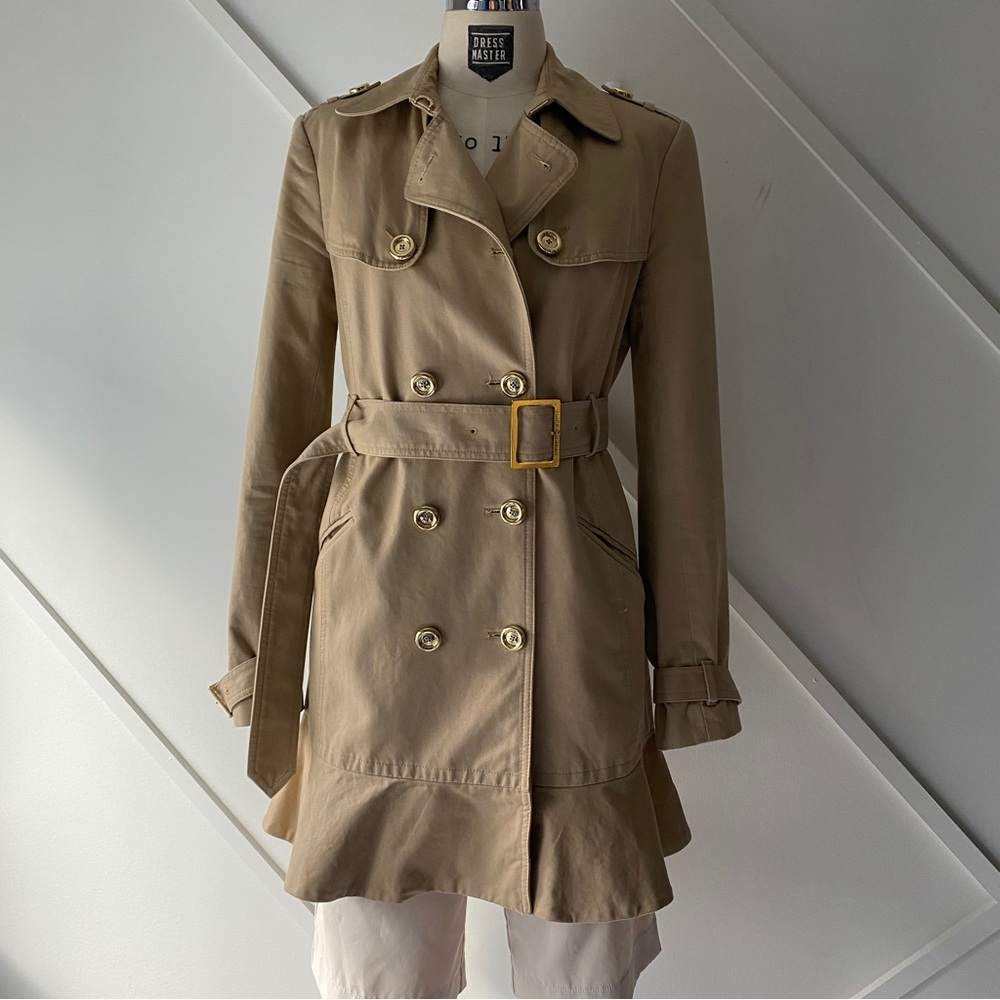 Juicy Couture Double Breasted Trench Coat Khaki Sz S | Gold Buttons Peplum
